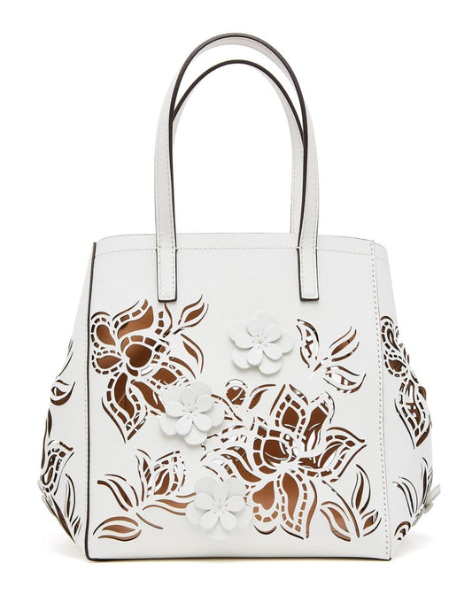 MINI LASER CUT FLORAL SQUARE TOTE WHITE