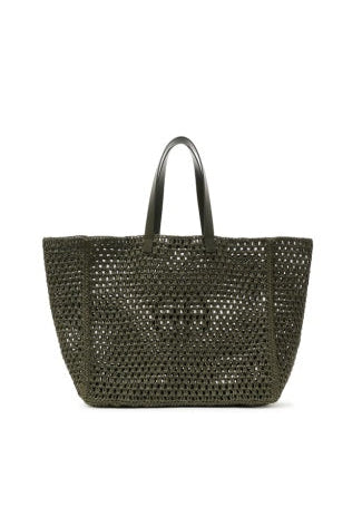 Woven handbag with black handle on a white background