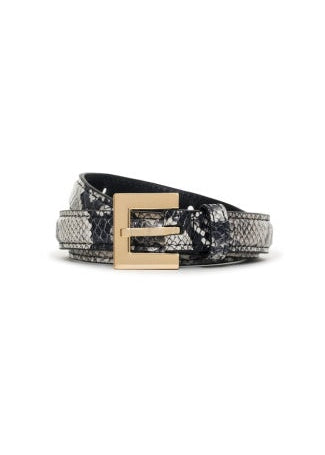 Snakeskin-patterned belt with a gold buckle on a white background