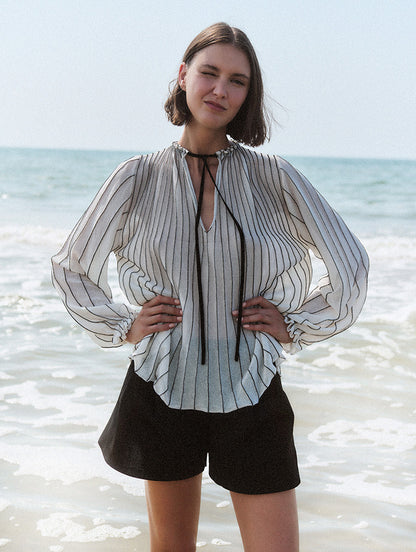 CREAM W BLACK STRIPE KAFTAN KNITTED BLOUSE
