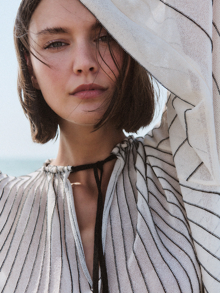 CREAM W BLACK STRIPE KAFTAN KNITTED BLOUSE
