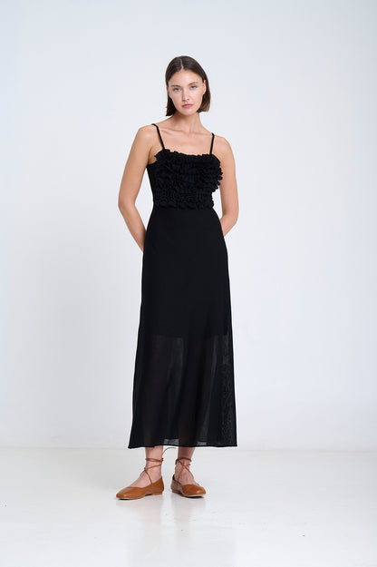 KNITTED SLIP DRESS W RUFFLES BLACK