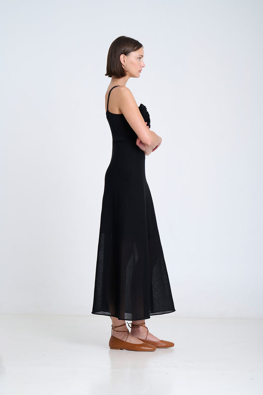 KNITTED SLIP DRESS W RUFFLES BLACK