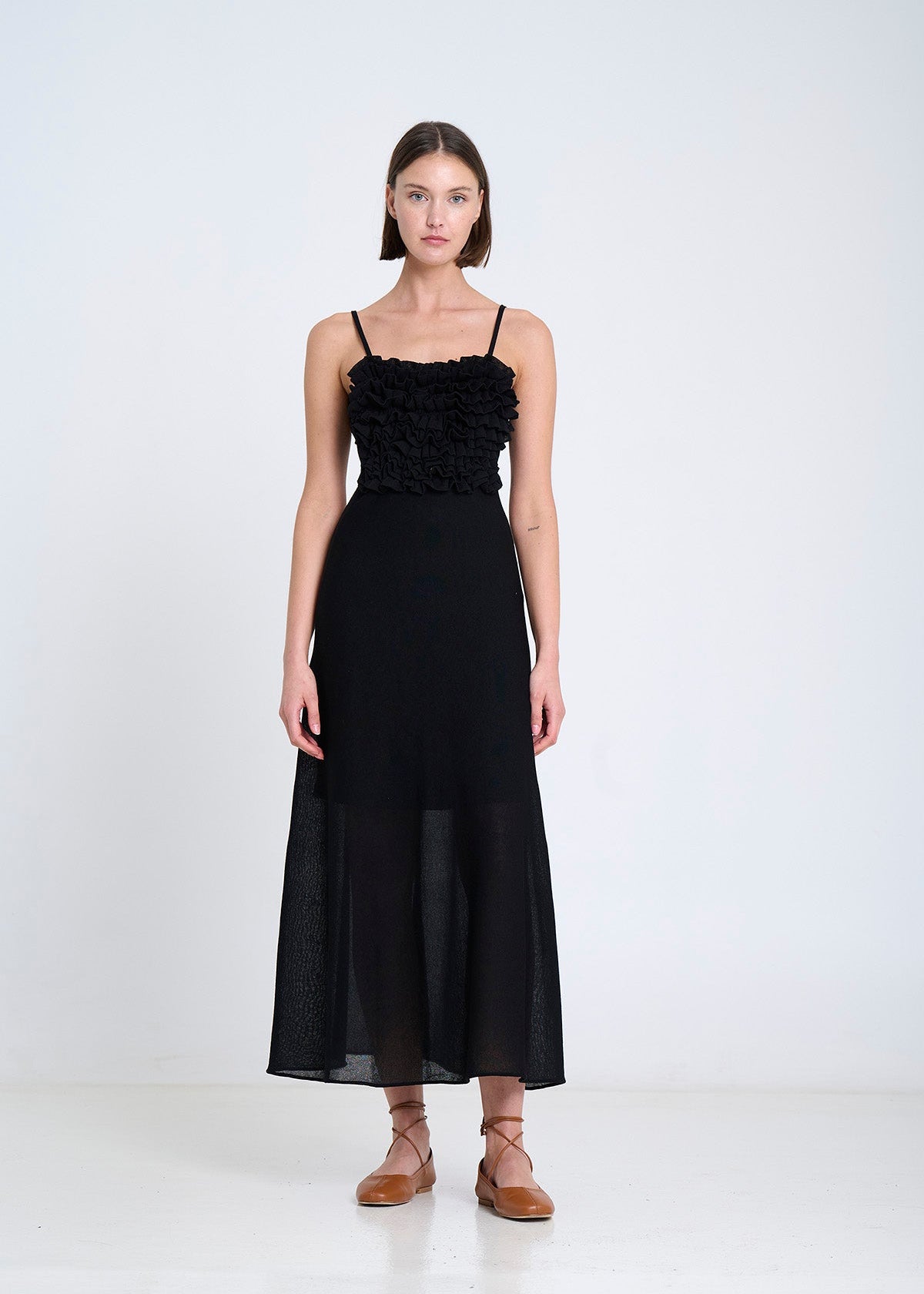 KNITTED SLIP DRESS W RUFFLES BLACK