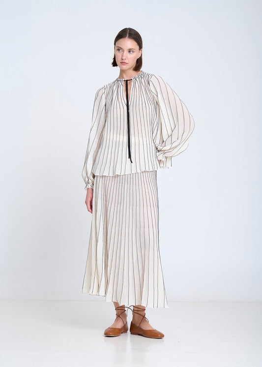 CREAM W BLACK STRIPE KNITTED SKIRT W SHEER HEM