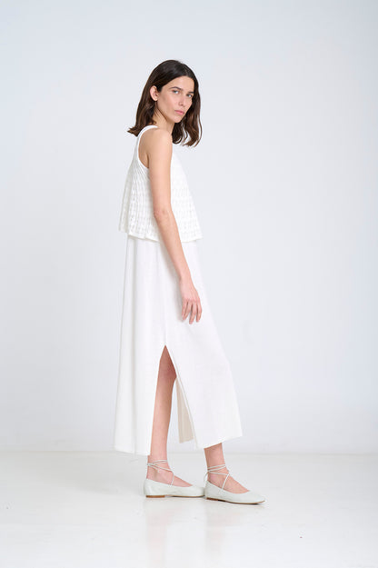 EMBROIDERY SLEEVELESS KNITTED DRESS IN ECRU
