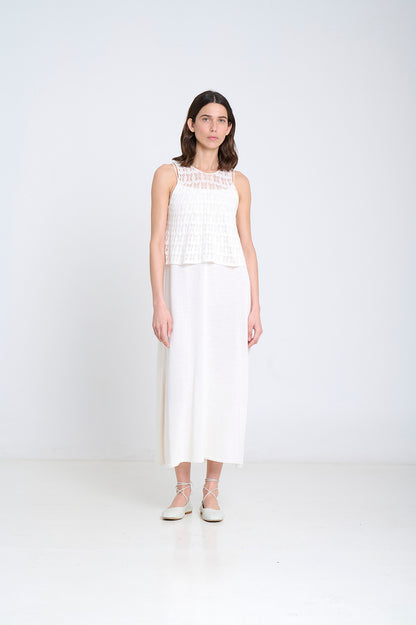 EMBROIDERY SLEEVELESS KNITTED DRESS IN ECRU