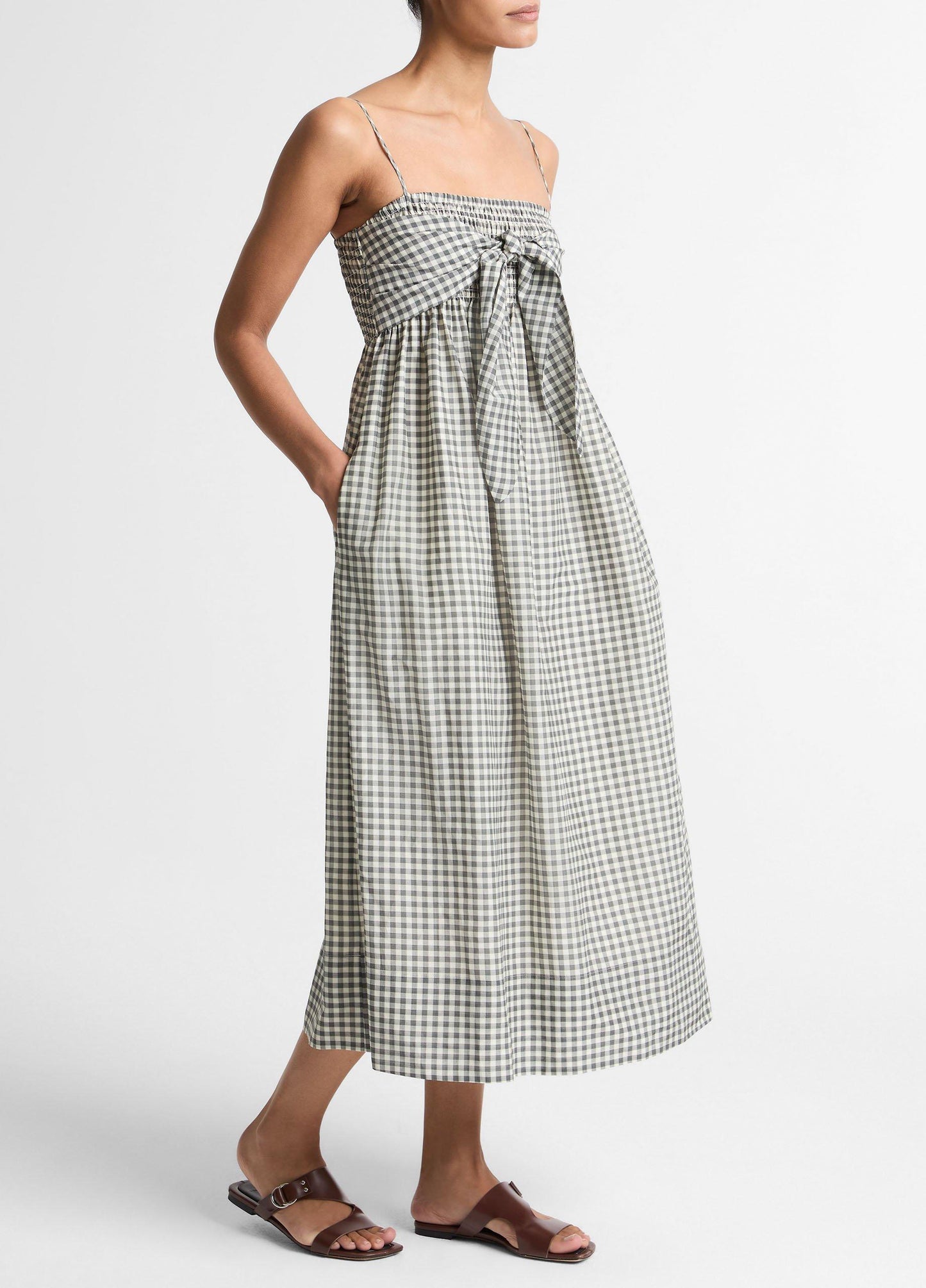TIE SMOCKED CAMI DRESS OFF WHITE/SMOKE