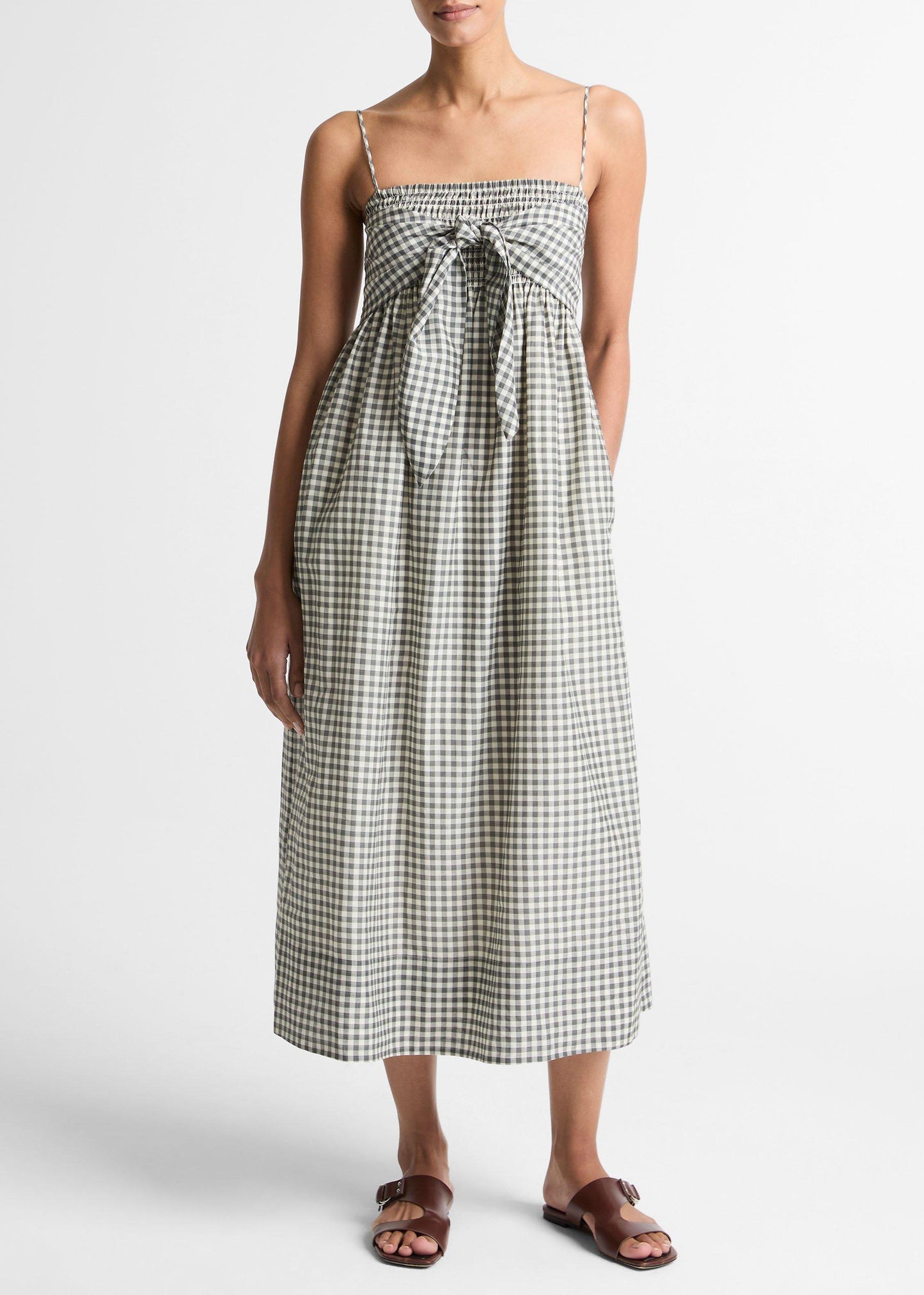 TIE SMOCKED CAMI DRESS OFF WHITE/SMOKE