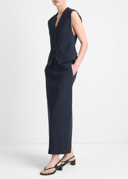 MID RISE LINEN BLEND MAXI SKIRT