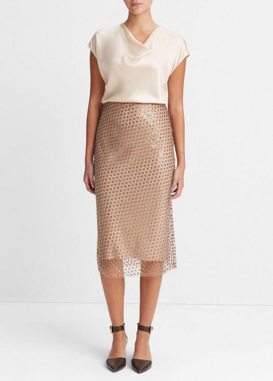 SILK COWL NECK CAP SLEEVE BLOUSE CHAMPAGNE