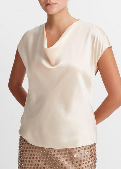 SILK COWL NECK CAP SLEEVE BLOUSE CHAMPAGNE